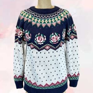 VINTAGE 80s rose floral embroidered fair isle knit sweater cottagecore feminine‎